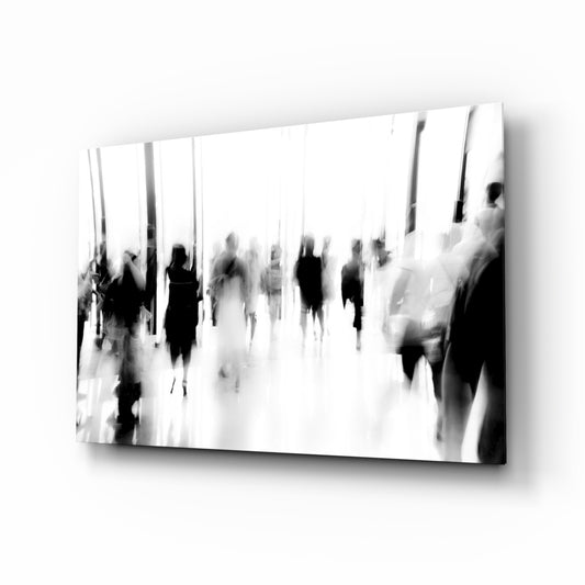 Crowds glass wall art displayed above a console in a designer interior
