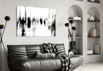Crowds glass wall art styled above a desk in an urban home office