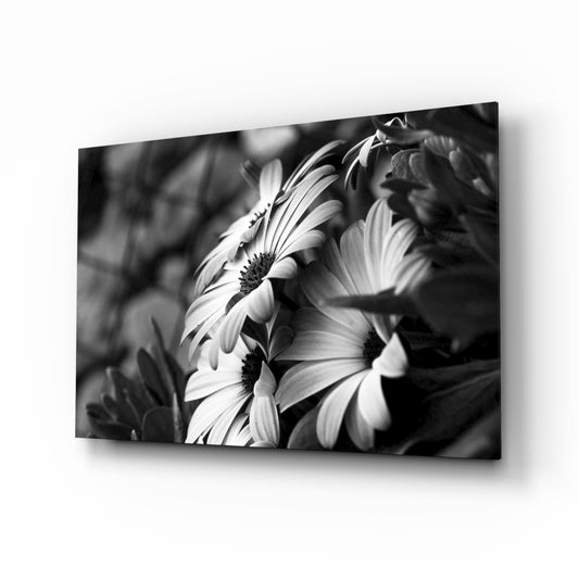 Black-White Flower glass wall art displayed above a console in a designer interior