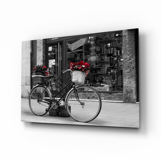 Bicycle glass wall art displayed above a console in a designer interior