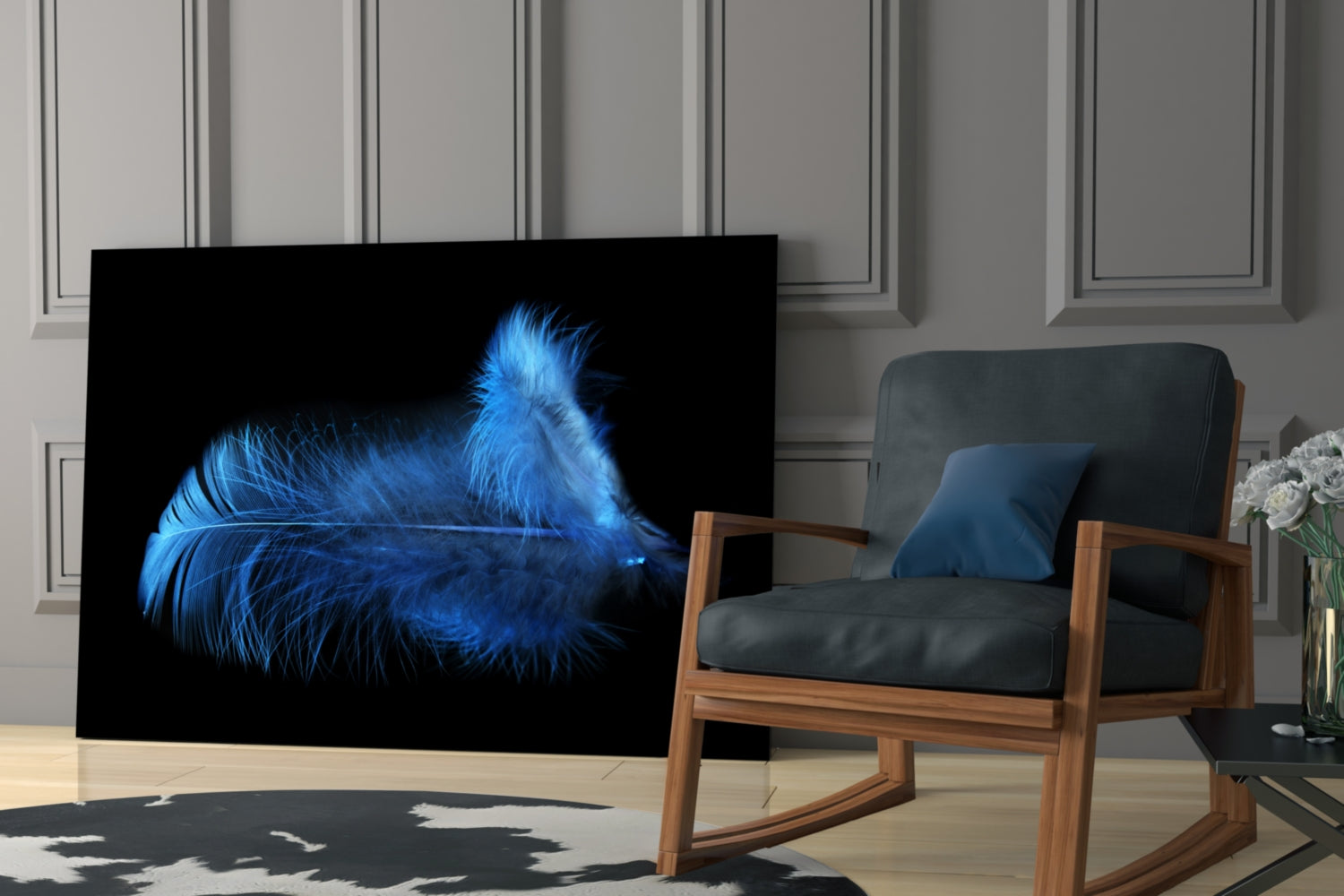 Blue Feather Glass Wall Art.