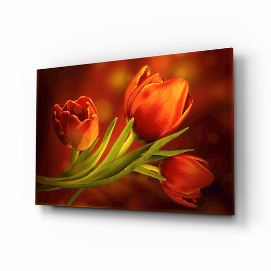 Flower glass wall art displayed above a console in a designer interior