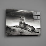 Monochrome lioness panel bringing quiet authority to a contemporary living space