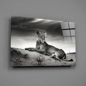 Monochrome lioness panel bringing quiet authority to a contemporary living space