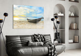 Beach glass wall art styled above a bed in a seaside-mood bedroom