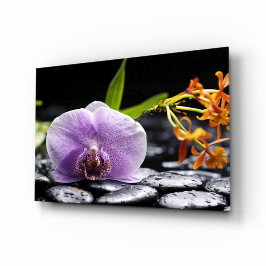 Spa glass wall art displayed above a console in a designer interior
