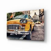 Classic Taxi glass wall art displayed above a console in a designer interior