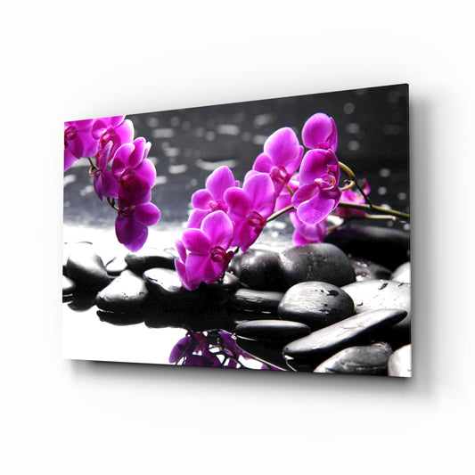Spa glass wall art displayed above a console in a designer interior