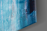 Blue artwork anchoring a hallway with painterly palette
