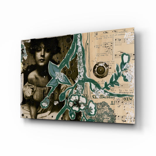Abstract glass wall art displayed above a console in a designer interior