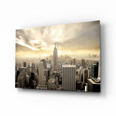 New York glass wall art displayed above a console in a designer interior