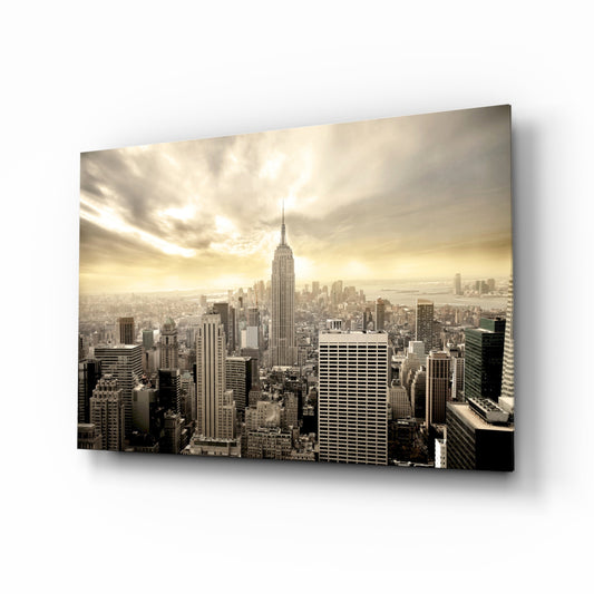 New York glass wall art displayed above a console in a designer interior