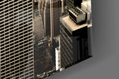 New York artwork anchoring a library with travel palette