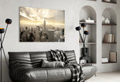 New York glass wall art styled above a sofa in a global-city living room
