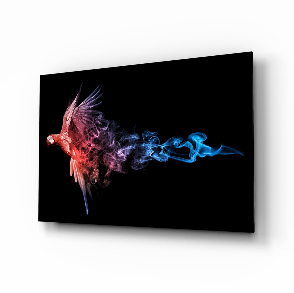 Parrot glass wall art displayed above a console in a designer interior
