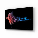 Parrot glass wall art displayed above a console in a designer interior