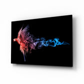 Parrot glass wall art displayed above a console in a designer interior