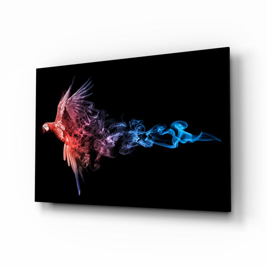 Parrot glass wall art displayed above a console in a designer interior