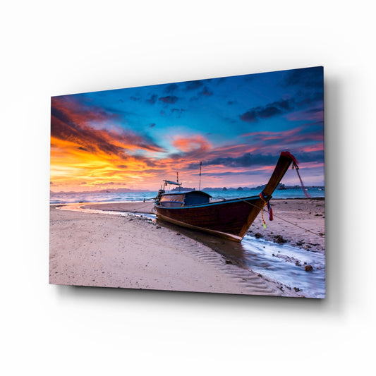 Red Sky glass wall art displayed above a console in a designer interior