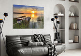 Sunset glass wall art styled above a bed in a retreat-mood bedroom