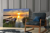 Sunset glass print enhancing a living room with nature-forward calm