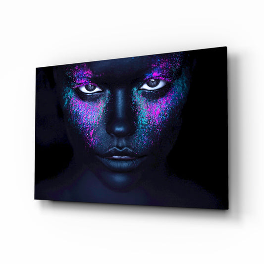 Woman Portrait glass wall art displayed above a console in a designer interior
