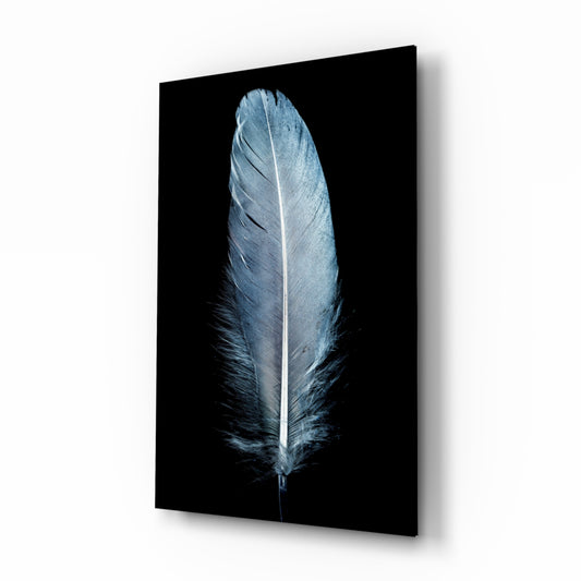 Blue Feather glass wall art displayed above a console in a designer interior