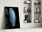 Blue Feather glass print enhancing a minimalist hallway