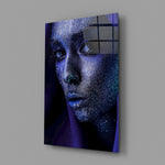 Cobalt glitter portrait panel bringing editorial mood to a contemporary living space