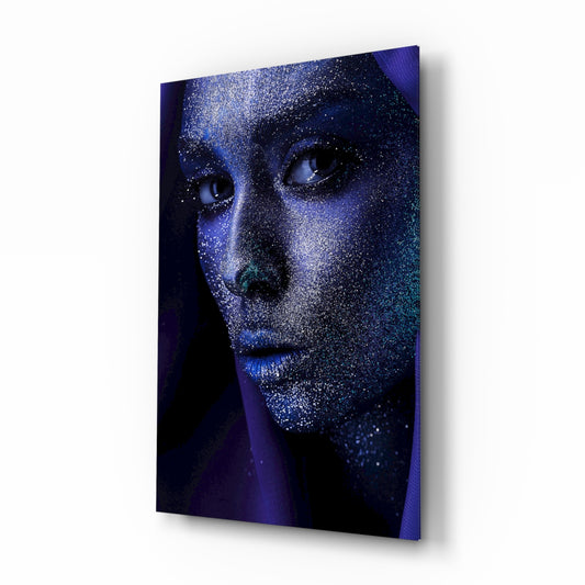 Woman Portrait 2 glass wall art displayed above a console in a designer interior
