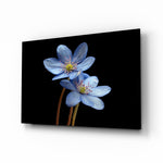 Blue Flower glass wall art displayed above a console in a designer interior