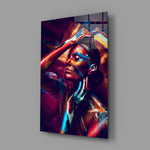 Body-paint portrait panel bringing bold color to a contemporary living space