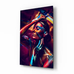 Female Portrait 3 glass wall art displayed above a console in a designer interior