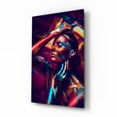 Female Portrait 3 glass wall art displayed above a console in a designer interior