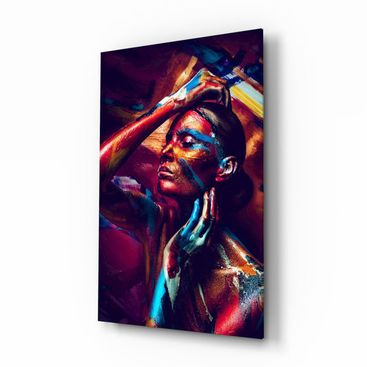 Female Portrait 3 glass wall art displayed above a console in a designer interior