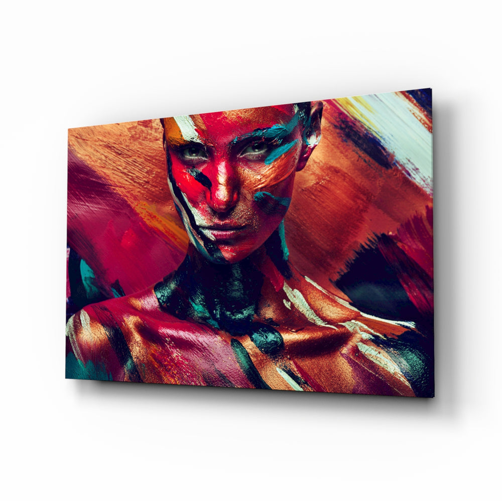 Female Portrait 5 glass wall art displayed above a console in a designer interior