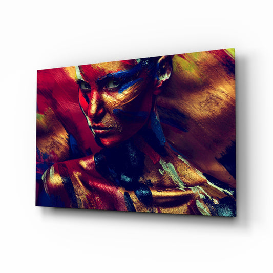 Female Portrait 6 glass wall art displayed above a console in a designer interior