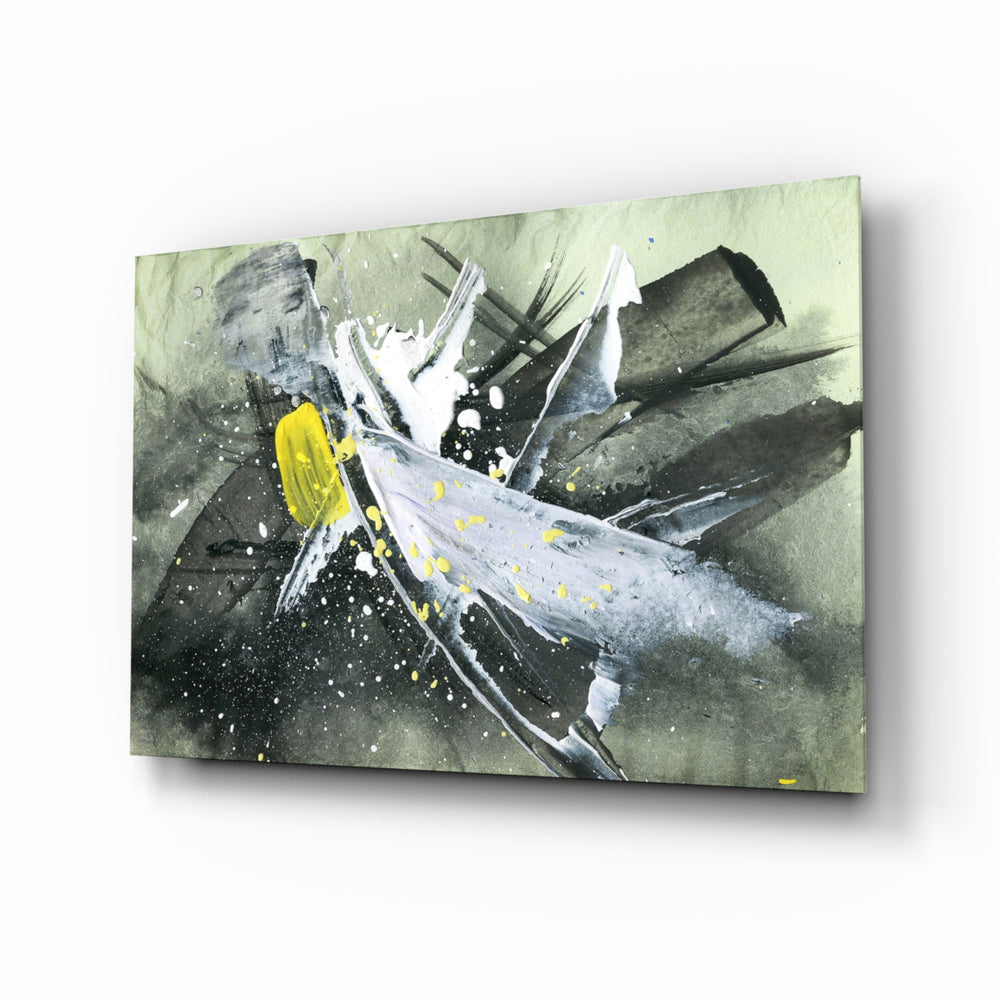 Abstract glass wall art displayed above a console in a designer interior