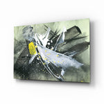Abstract glass wall art displayed above a console in a designer interior
