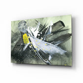 Abstract glass wall art displayed above a console in a designer interior