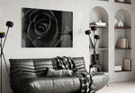 Black Rose glass wall art styled above a bed in an after-dark bedroom