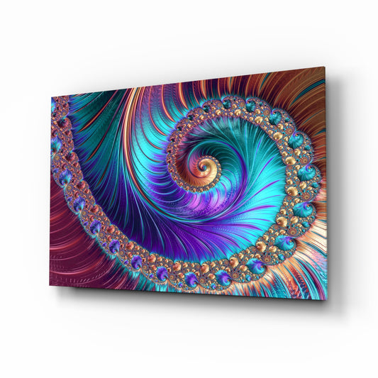 Abstract glass wall art displayed above a console in a designer interior