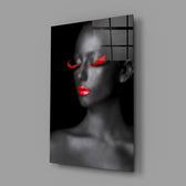 Red-lash beauty portrait bringing graphic drama to a contemporary living space
