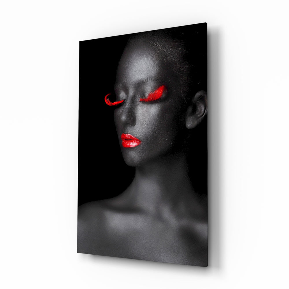 Woman Portrait 7 glass wall art displayed above a console in a designer interior