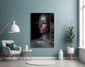 Woman Portrait 7 glass wall art styled above a bed in a bold-palette bedroom