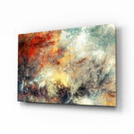 Abstract glass wall art displayed above a console in a designer interior