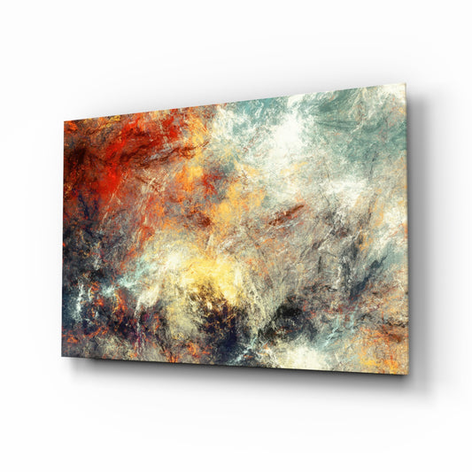 Abstract glass wall art displayed above a console in a designer interior