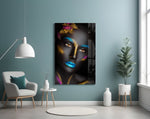 Woman Portrait 8 glass wall art styled above a bed in a playful-palette bedroom