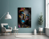 Woman Portrait 8 glass wall art styled above a bed in a playful-palette bedroom