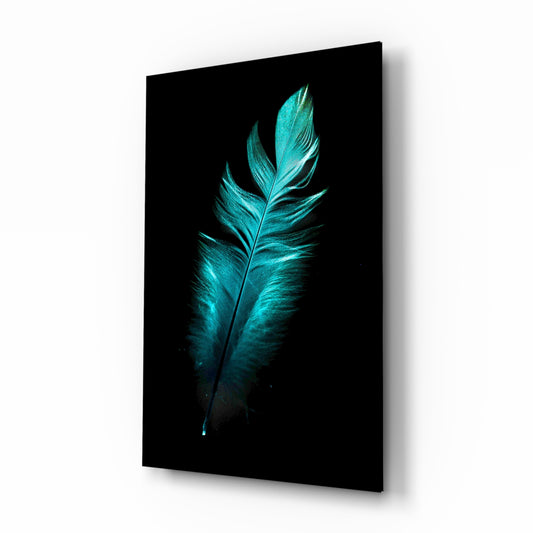 Green Feather glass wall art displayed above a console in a designer interior
